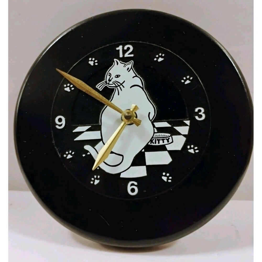 Vintage Fat Cat Wall Clock Wood Round 7" Black White Checkerboard Kitty Works
